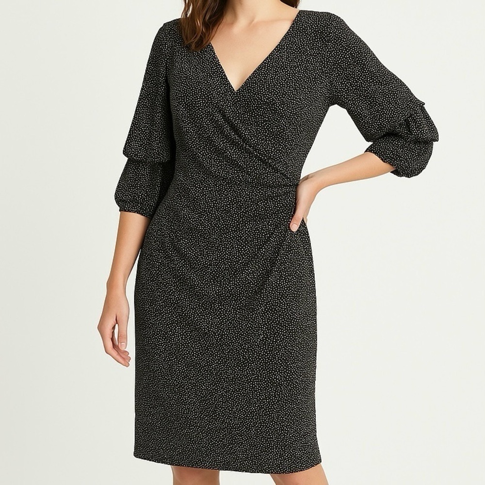 RALPH LAUREN Dress Polka Dot Faux Wrap V-neck Ruching 3/4 Tier Sleeves WHTBLK 6